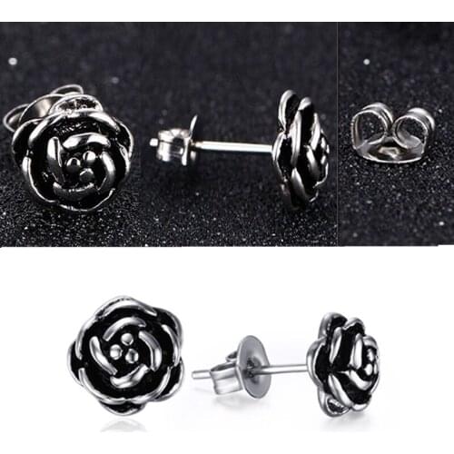 Hot Sale Retro Simple Ancient Silver Color Black Rose Flower Floral Shaped Metal Stud Earrings for Women Party Jewelry
