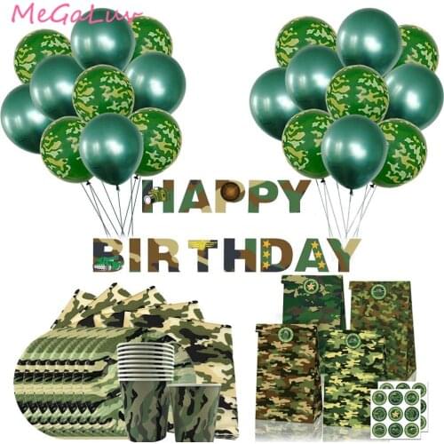 Camo Party Tableware Banner Camouflage Latex Balloons Candy Bags Military Themed Boys Kids Happy Birthday Decoration Supply
