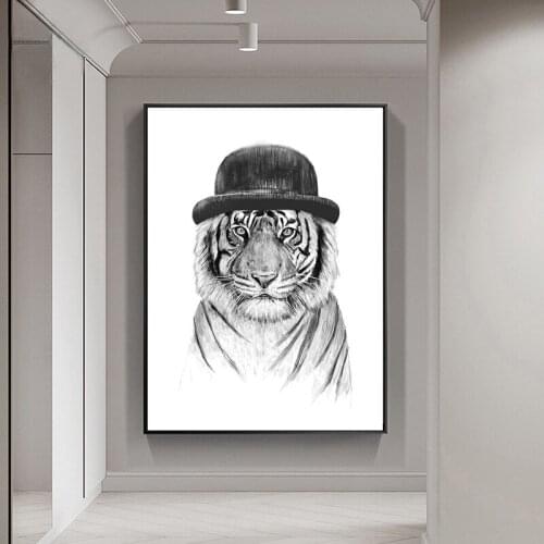 Sir Tiger Lion Poster Canvas Painting Nordic Panda Black and White Abstract Art Animal Poster Prints Wall Pictures Bedroom Decor