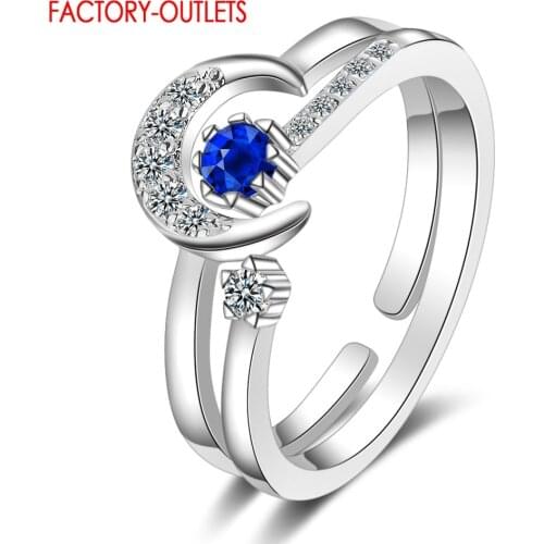 Korean Latest Popular Trend Genuine 925 Sterling Silver Couple Rings Moon & Blue Star Adjustable Open Finger Rings Jewelry Gift