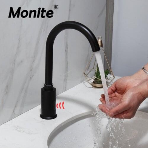 Monite Matte Black Automatic Sensor Faucet Chrome Swivel Bathroom Basin Sink Faucet Water Mixer Touch-Free Infrared Basin Tap