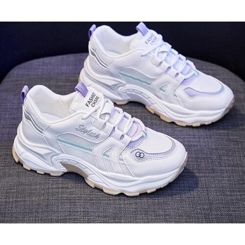 Fashionable Chunky Sneaker Women 2021 Casual Shoe Leather Patchwork Breathable Mesh Platform Sneaker Comfortable Walking Shoe