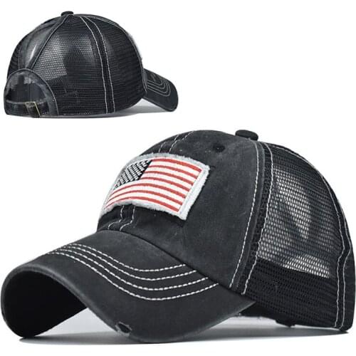 Men Hat Cotton Washed Horsetail Broken Hole Net Cap Flag Embroidered Baseball Cap Horsetail Cap