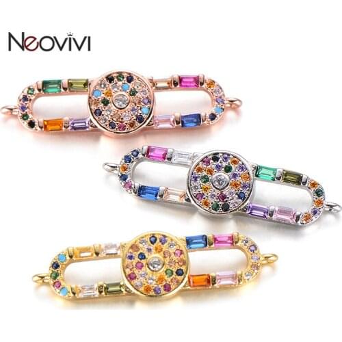 Neovivi Micro Pave Rainbow Color Zircon Charm Hollow Long Oval Bead with Round Evils Eye Charms for Jewelry Making Bracelet DIY