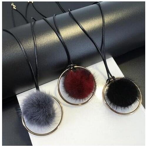 2017 New Fashion Black/Gray/Red Mink Ball Pendant Necklace Metal Round Sweater Rope Chain Gifts for Women&Girl Free Shipping