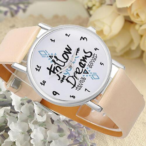 New Casual Girls Watch Follow Your Dream Quote Print Faux Leather Strap Quartz Wrist Watch