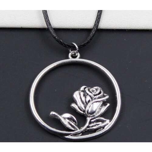 New Durable Black Faux Leather Cord Choker Rose Flower Charm DIY Necklace Boho Tibetan Silver Color Pendant Dropshipping