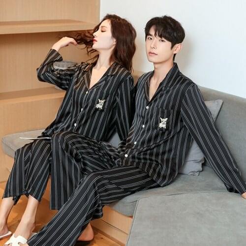 Autumn Pyjamas Black Strips Sleepwear Silk Satin Pajamas Couple Set Trousers Sleeves Cardigan Suit Pijama Women Men Loungewear