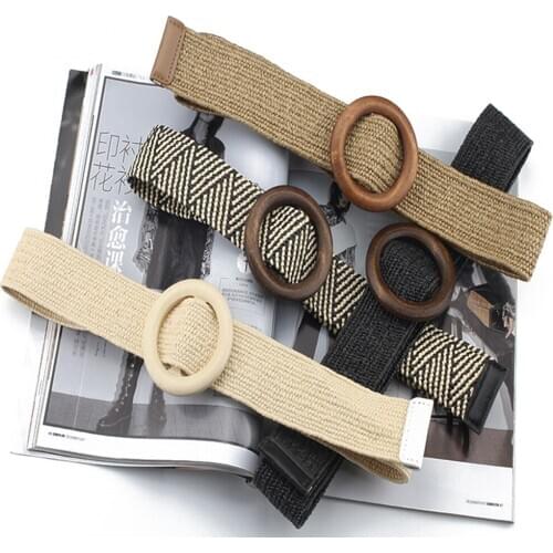 Summer Elastic Imitate Woven Straw Waist Belts Square Buckle Adjustable Woven-straw Waistband Vintage Bohemian Beach Dress Belts