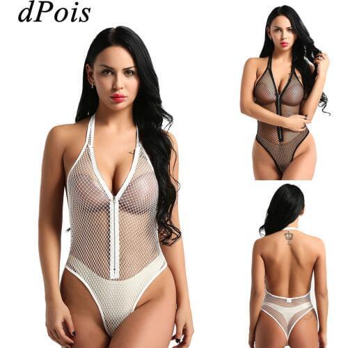 2020 Hot Sexy Zipper Bodysuit Thong Swimwear Women Lingerie One Piece Halter Neck Zip Up See Through Fishnet Mesh Swimsuit Girls