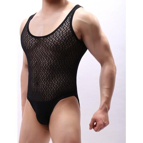 Mesh Fishnet Men Bodysuits Transparent Underwear Sexy Wrestling Singlet Gay Jumpsuits Mankini Jockstrap Bulge Pouch One-piece