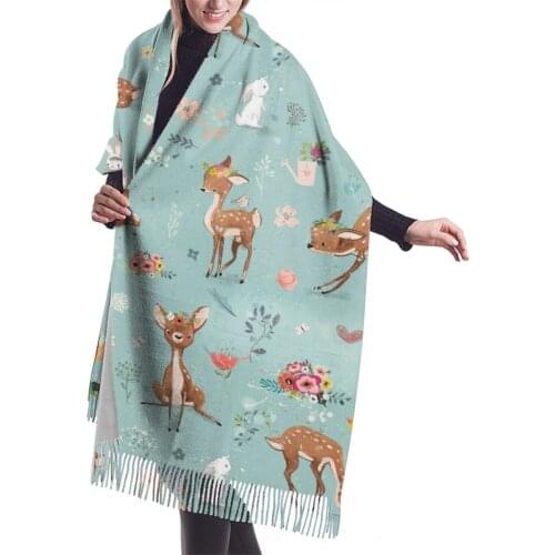 Fashion Cartoons Deer Prints Women Scarf Winter Warm Hijabs Tassels Long Lady Shawls Imitation Cashmere Hijabs Scarves Wraps
