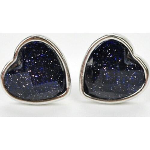 FYJS Unique Silver Plated Love Heart Blue Sand Stone Stud Earrings for Women Romantic Style Jewelry