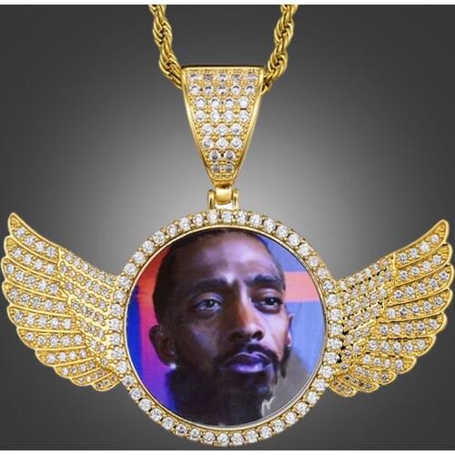 US7 Custom Made Photo With Crystal Angel Wings Pendants Necklaces Gold Silver Color Cubic Zircon Men Women Hip Hop Jewelry Gifts