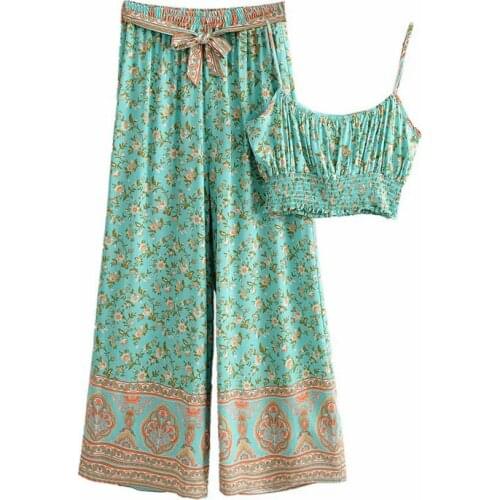 Womens suit new style fashion casual printed suspenders top womens high waist loose wide leg pants two piece set