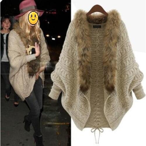 2021 Cardigan Autumn Winter New Style Plus Size Womens Knitted Solid Cardigan Bat Sleeve Fur Collar Sweater Vintage Loose Coat