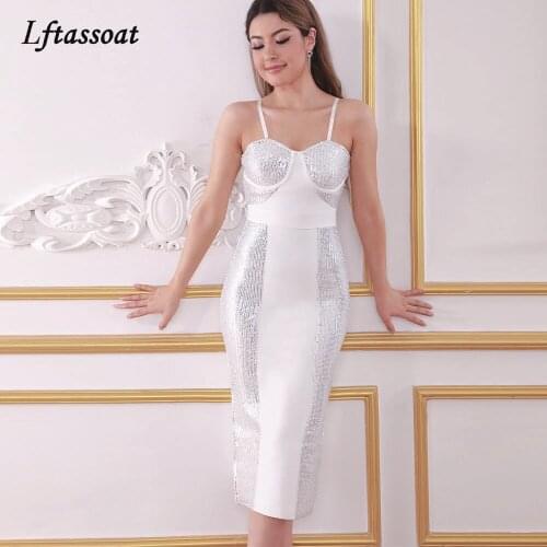 2021 Lftassoat New Spaghetti Strap Sleeveless Bandage Dress Sexy Sequins Women Midi Club Celebrity Runway Party Sling Dresses