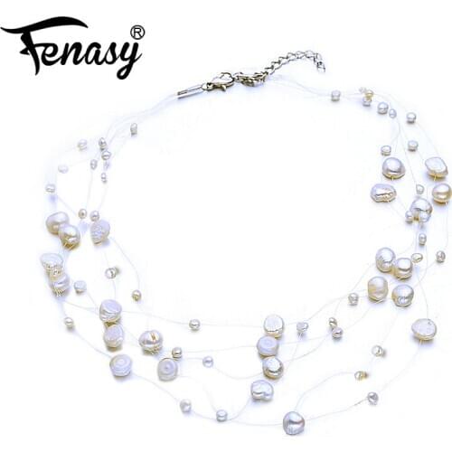 FENASY Multilayer White Natural Baroque Pearl Choker Necklace for Women Simple Style Handmade DIY Wedding Party Jewelry Gift
