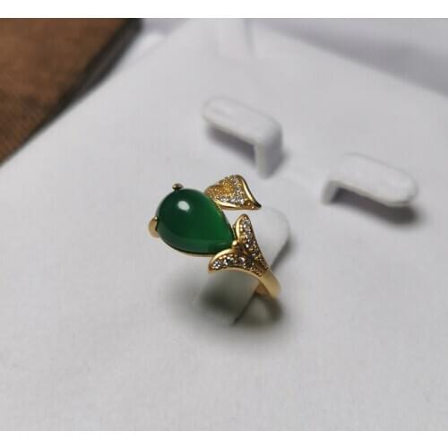 Vintage Gold Color 925 Sterling Silver Open Rings Women Natural Green Jade Emerald Flower Wedding Engagement Ring Charm Jewelry