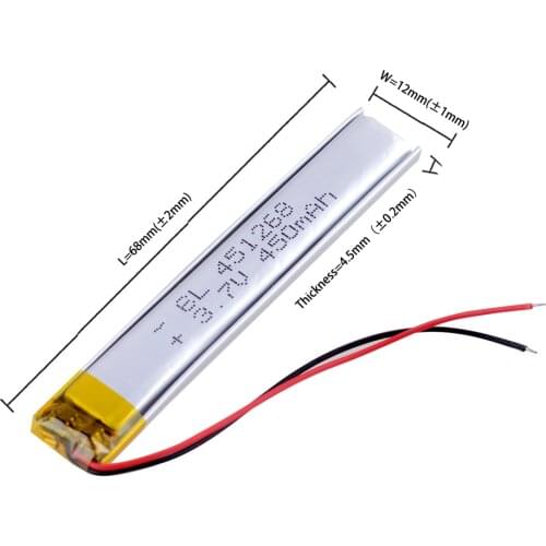3.7V 450mah 451268 polymer lithium battery for small strip recording pen toy