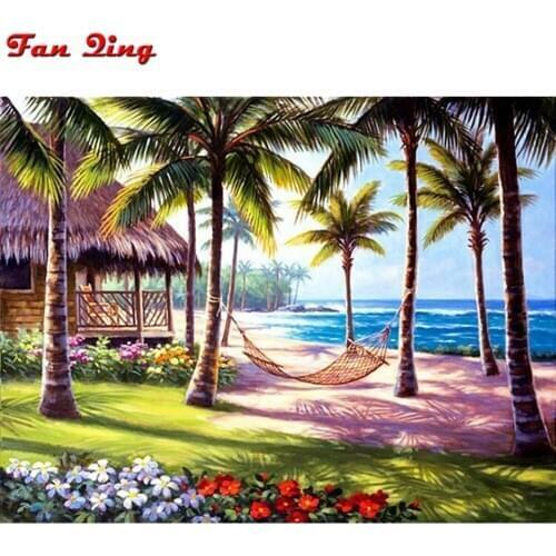 Diamond Painting Landscape Coast Coconut Tree Picture of Rhinestones Diamond Mosaic Embroidery Scenery Wall Art Christmas Gift