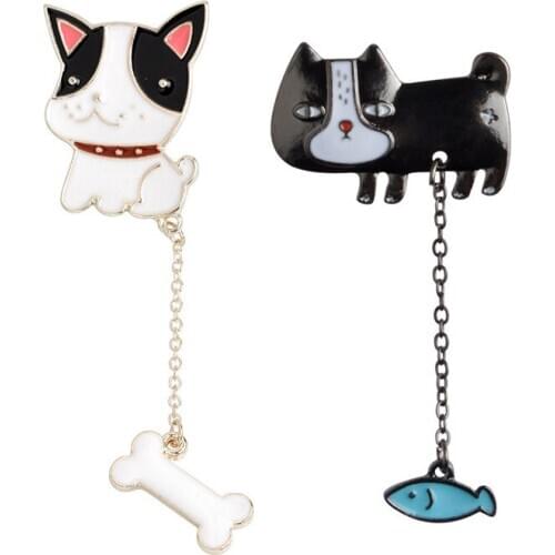Cartton Animal Enamel Pins Cat Fish Dog Bone Metal Chain Brooches Badge Shirt Jackets Bag Lapel Pin Fashion Jewelry Gift for Kid