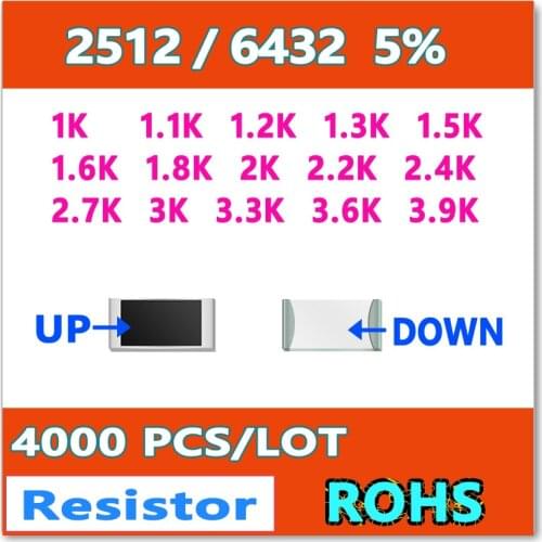 JASNPROSMA 2512 J 5% 4000pcs 1K 1.1K 1.2K 1.3K 1.5K 1.6K 1.8K 2K 2.2K 2.4K 2.7K 3K 3.3K 3.6K 3.9K smd 6432 OHM Resistor