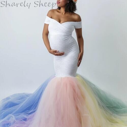 Pregnancy Lace Dresses Photography Props Pregnant Women Gown Maternity Colorful Mermaid Long Clothes Photo Shoot V-neck Clothes