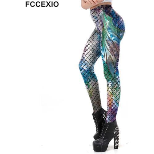 FCCEXIO Galaxy Mermaid Leggings Women Fish Scales Printed Workout Legging Colorful Fitness Leggins Puls Size Fashion 3D Pants