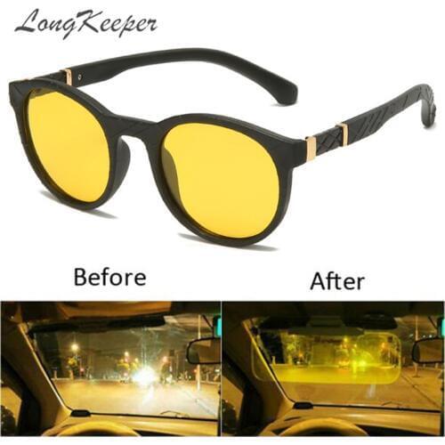 LongKeeper TR90 Polarized Sunglasses Men Women Round Flexible Night Vision Glasses Anti-glare Yellow Lens Sport oculos masculino
