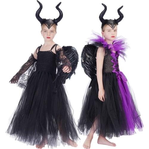Maleficent Witch Vampirina Cosplay Costumes Kids Halloween Party Evil Queen Mesh Tutu Dresses Carnival Vampire Disguise Outfits