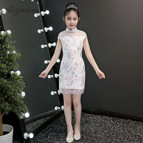 Fashion Children Short Cheongsam Modern Princess Dress Qipao Kids Dresses For Girls Chinoise Lace Mini Gown White Slim Qi Pao