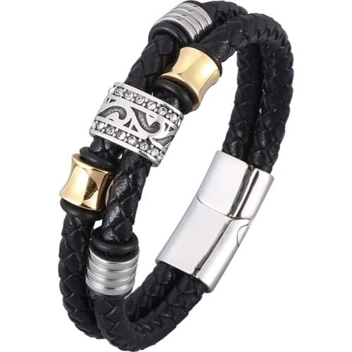 Punk Black Double Genuine Leather Braided Bracelets Bangles for Men Stainless Steel Vintage Male Wrist Band Hand Jewelry PD0953