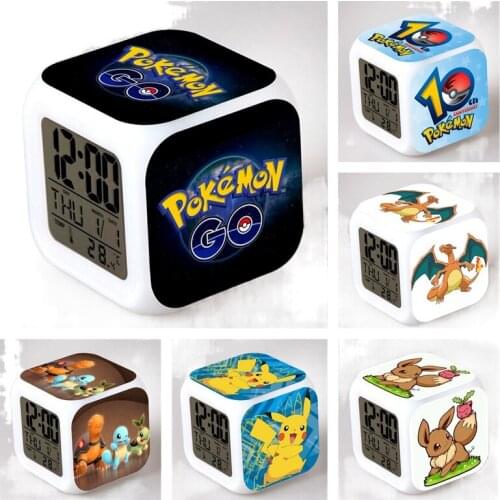 Pokemon Pikachu Luminous LED Colorful Flash Alarm Clock Desk Light With Temperature Action Toy for Kids children Birthday Gift