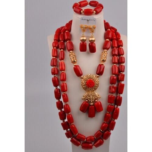 Orange/White/Red African Coral Beads Nigerian Wedding Coral Bridal Jewelry Sets 2-18-G3