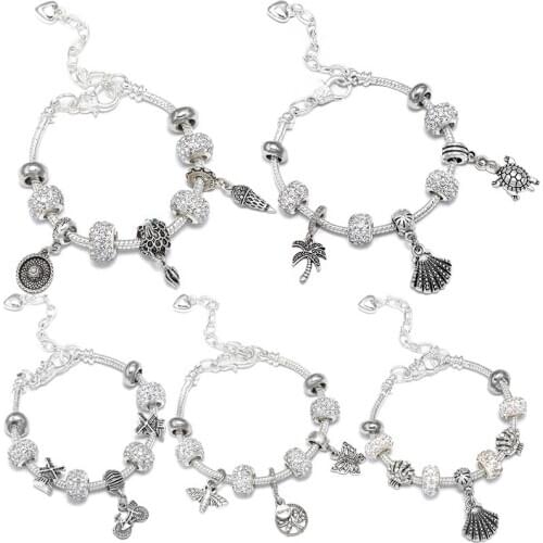 Autumn Summer Silver-plated Love Extension Chain Charm Bracelet.Coconut Tree Shell Sea View For Women Men Children Jewelry Gifts