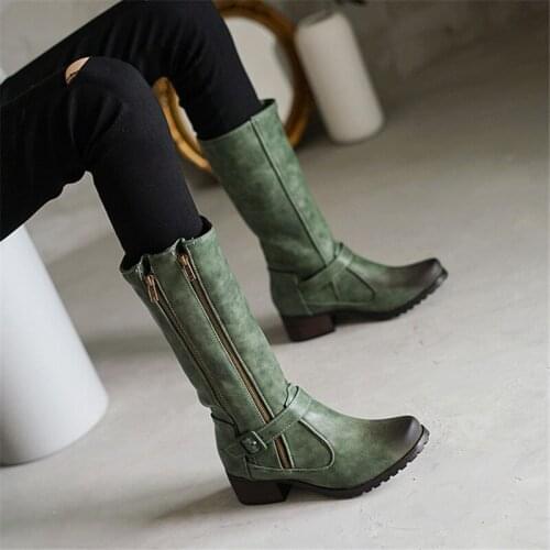 PXELENA Retro Zipper Buckle Mid Calf Boots Women Med Heels Western Cowboy Motorcycle Biker Boots Ladies Shoes Large Size 34-45