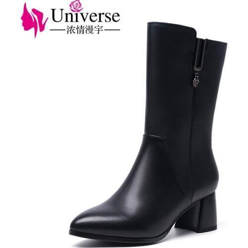 Universe mid calf winter boots women shoes with warm short plush lining genuine leather med heel boots G382