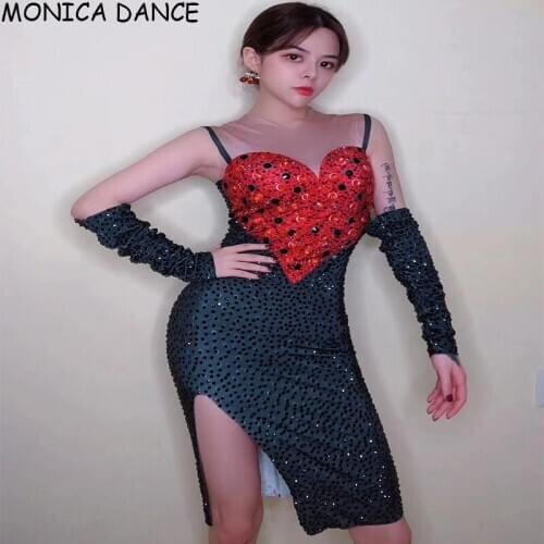 Sexy Women Red Heart-shaped Rhinestones Slit Short Dress Gloves Birthday Celebrate Dress Outfit Prom Women Dancer Show Dress