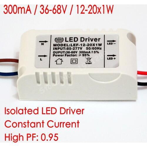 Hihg PF Isolated 300mA 12-20x1W Led Driver 12W/14W/15w/16W/18w/20W Power Supply DC 36V - 68V AC 110V 220V 277V for LED lights