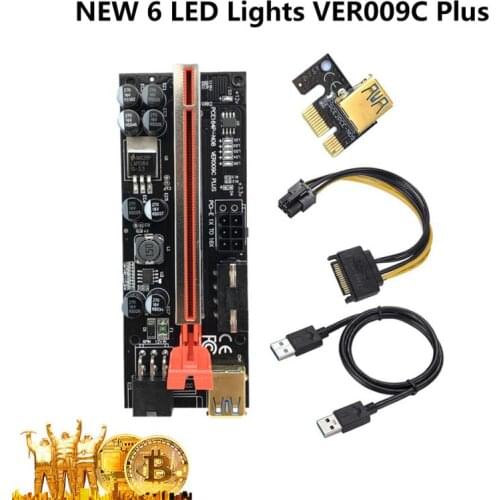 VER009C Graphics Card Plus PCIE LED Riser Card Extension USB3.0 Cable SATA 1X To 16X 6Pin 8 Capacitors Extender Mining Miner