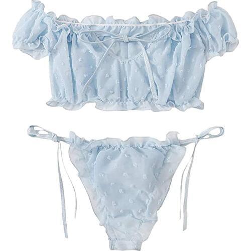 Women Girls Sweet Sexy Casual Short Sleeve Off Shoulder Lace Up Solid Color Two-Piece Suits Swimsuits Beachwear Bathing Suits