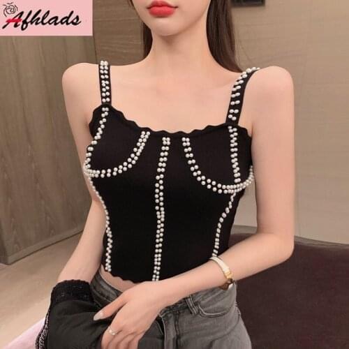 Fashion Design Personality Pearl Spaghetti Strap Spring New 2021 Slim Summer Sleeveless Beading Night Club Sexy Knitted Tops