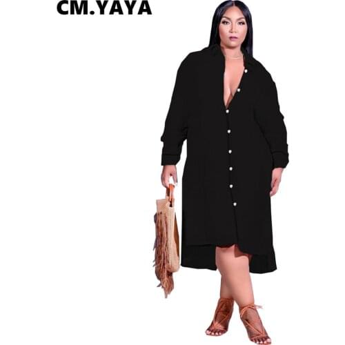 CM.YAYA Women Plus Size Dress Solid Full Sleeve Turn-down Collar Single Breasted Loose Straight Maxi Dresses Fashion Outfit Fall