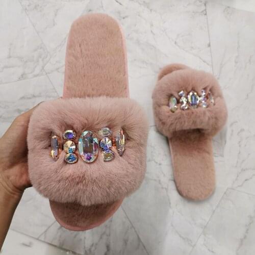 Winter Womens Fur Slippers Fashion Crystal Street Outside Wear Warm Plush Ladies Cotton Shoes Diamond Ladies Furry Sandalias