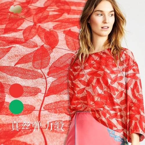 1 Meter X 1.35 Meter Leaf Print Red Green Elastic Satin 19m/m Silk Fabric Clothing