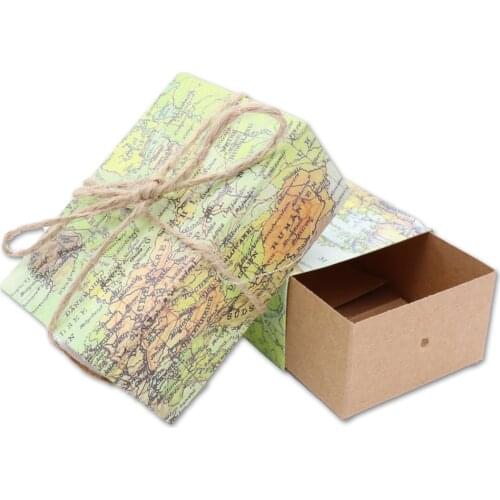 10Pcs DIY Craft Paper Gifts Box with Belt World Map Pattern Gift Box Packaging Candy Boxes for Wedding Birthday Party Supplies