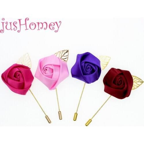 2 Pieces Handmade Satin Rose Boutonniere Lapel Pin w/ Gold Leaf Long Stick Brooch Pin Groomsman Lapels. Bridal Party Favors