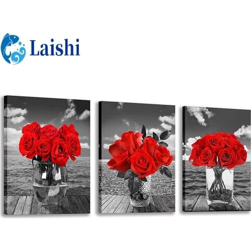3pcs Diamond embroidery Seaside scenery, red roses full drill Square Diamond painting diamond painting Cross Stitch Rhinestone