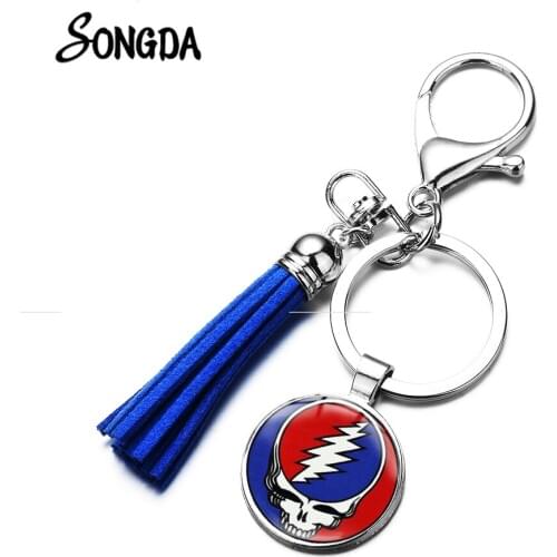 Grateful Dead Music Band Keychain Skull Pattern Band Logo Printed Crystal Leather Tassel Key Chain Punk Bag Car Trinkets